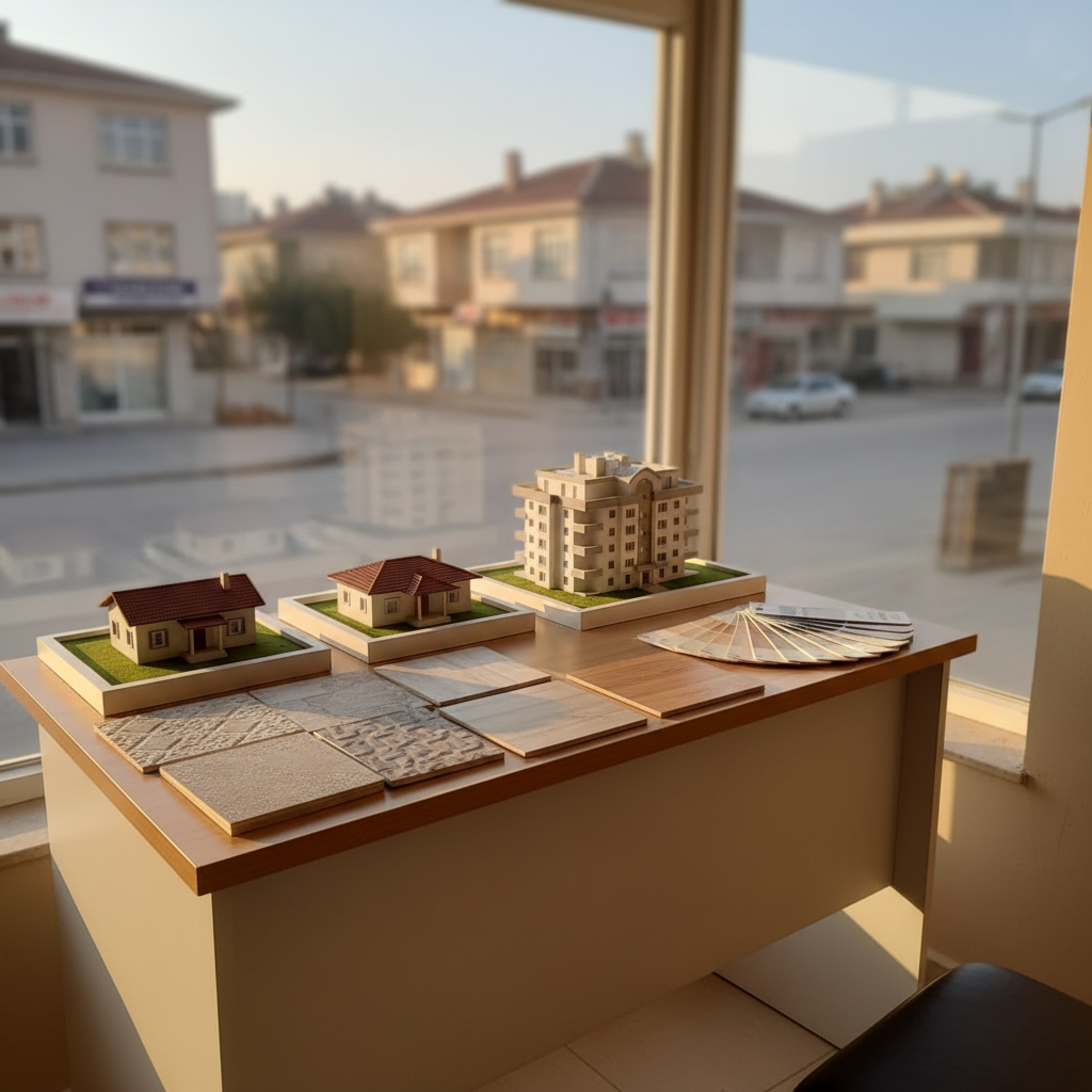 A realistic interior photograph of a small but well-organized real estate consultation corner related to Özgüven Grup’s emlak services, with no people present. A light-wood desk sits near a large window overlooking a blurred Afyon Çay street and distant low-rise buildings. On the desk, detailed architectural scale models of modest residential houses and a small apartment block rest on clean white bases, surrounded by neatly arranged sample boards of tiles, laminate flooring, and paint swatches without text. Warm, natural afternoon light pours through the window, creating soft shadows and a welcoming glow on the surfaces. Captured at eye level with a slightly shallow depth of field, the models are in crisp focus while the background fades gently, creating a calm, trustworthy, and professional atmosphere suited for property and construction planning.