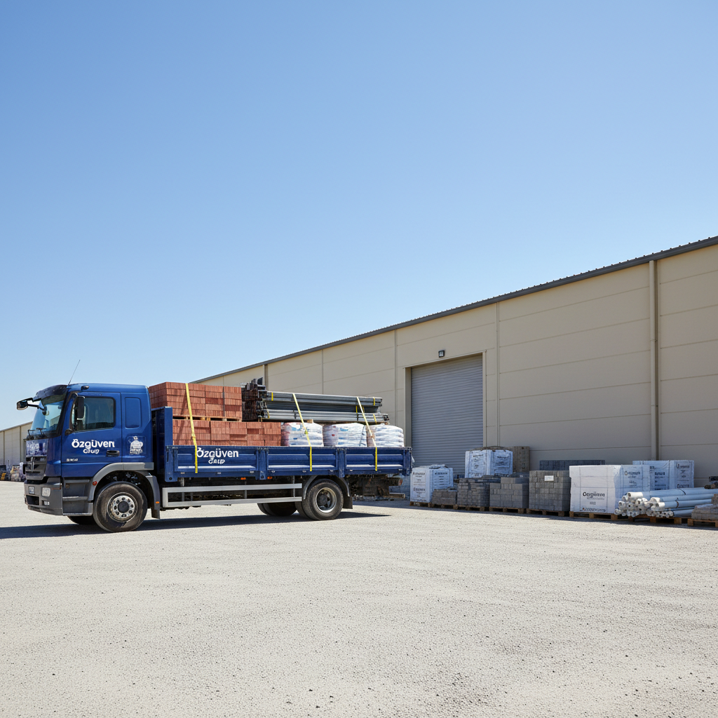 Photographic depiction of an Özgüven Grup construction site logistics area, emphasizing company operations without showing any people. The scene includes a medium-sized flatbed truck parked on a compacted gravel yard, loaded with neatly strapped bricks, steel profiles, and bagged cement. Nearby, organized rows of paving stones, insulation boards, and PVC pipes are placed on wooden pallets beside a low warehouse building with neutral-colored walls. The sky is clear with bright midday sun, casting crisp, short shadows and sharp highlights on metallic and plastic surfaces. Shot from a slightly low, three-quarter angle to give the truck and materials a sense of presence, the composition is balanced, with plenty of negative space around the yard. The mood is efficient, robust, and professional, highlighting the scale and capability of the business.