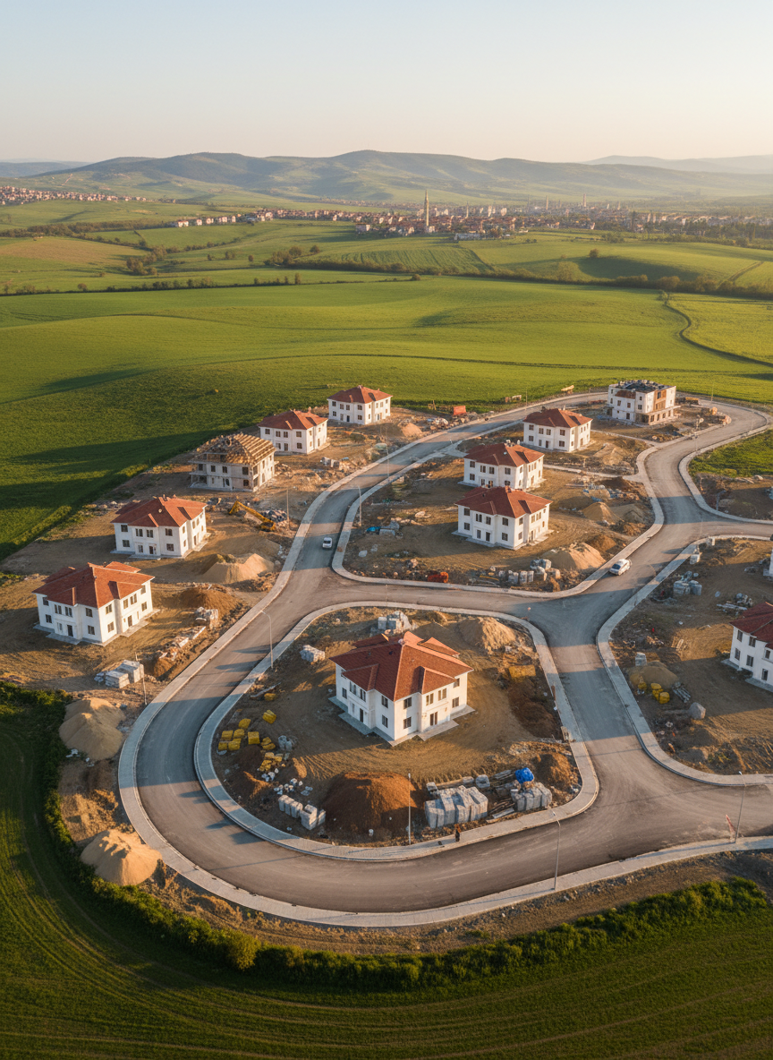 A realistic aerial photograph-style view of Afyon Çay and its surroundings, focusing on a developing residential neighborhood where Özgüven Grup operates. In the midground, partially completed houses with red-tiled roofs and light-colored facades line newly paved streets, while construction materials such as sand piles, timber stacks, and concrete blocks are neatly arranged on several plots. The background reveals rolling fields, distant low hills, and the subtle outline of the town center. Soft late-afternoon golden hour light washes the scene, casting long, gentle shadows and giving warm contrast to the buildings and landscape. The composition uses a wide-angle, bird’s-eye perspective with crisp detail, creating a calm, optimistic mood that highlights growth, development, and regional connection.