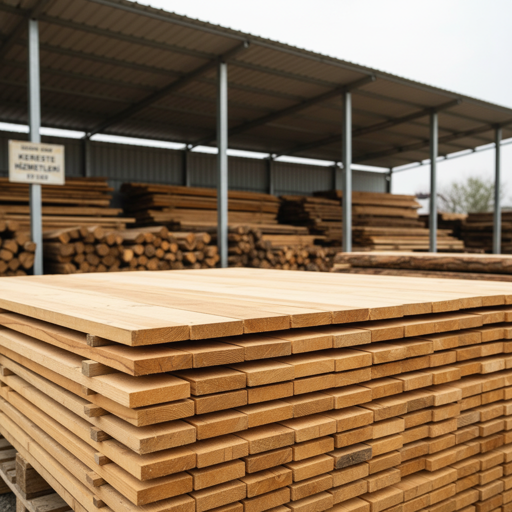 A highly detailed, realistic close-up of neatly stacked timber and cut lumber in Özgüven Grup’s yard in Afyon Çay. The foreground shows smooth, freshly cut planks with visible grain patterns, warm honey and amber tones, and clean edges, stacked on robust wooden pallets. Behind them, larger beams and rough-cut logs are organized under a simple open-sided shelter made of galvanized steel and corrugated roofing. Soft, overcast daylight creates even, shadowless illumination, enhancing textures in the wood and preventing harsh contrasts. Captured at eye level with a shallow depth of field, the front stacks are tack sharp while the background gradually blurs, giving a focused, professional atmosphere emphasizing quality materials, orderliness, and reliability in kereste services.
