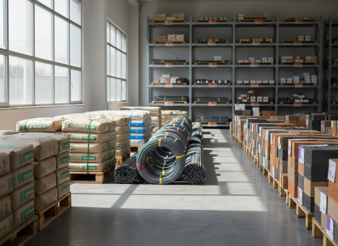 Photographic realism of a modern construction materials showroom belonging to Özgüven Grup. The foreground features neatly stacked palettes of cement bags, gleaming steel rebar bundles, and organized rows of bricks in varied earthy tones, all labeled by subtle color codes rather than text. The setting is a clean, spacious indoor warehouse with polished concrete floors and tall metal shelving stretching into the background. Large industrial windows on the side let in bright, diffused daylight, creating soft, directional shadows and gentle reflections on metal surfaces. Shot from a slightly elevated eye-level angle with sharp focus throughout, the composition feels orderly and professional, conveying reliability and abundance. The overall mood is efficient, trustworthy, and businesslike, ideal for a corporate website hero image.